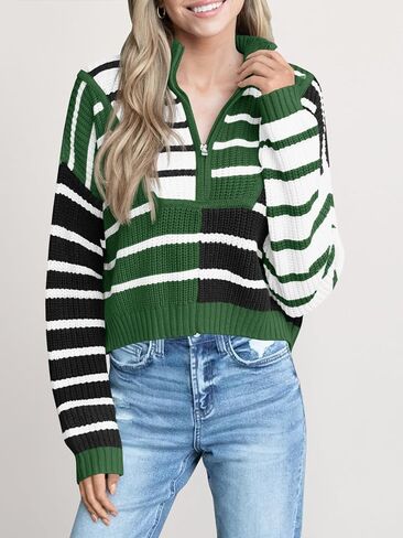 Saodimallsu Womens Striped Cropped Sweater Color Block Zip Up Long Sleeve Mock Neck Loose Pullover Jumpers in Saudi Arabia