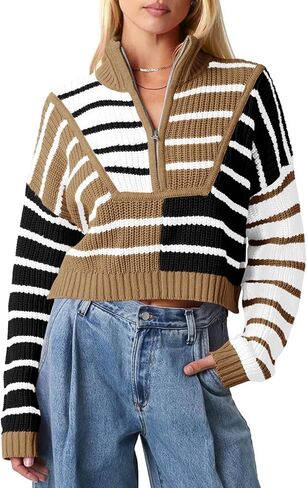 Saodimallsu Womens Striped Cropped Sweater Color Block Zip Up Long Sleeve Mock Neck Loose Pullover Jumpers in Kuwait