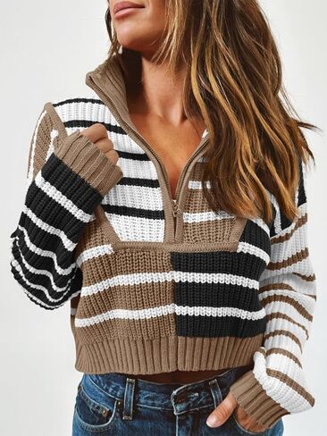 Saodimallsu Womens Striped Cropped Sweater Color Block Zip Up Long Sleeve Mock Neck Loose Pullover Jumpers in Kuwait