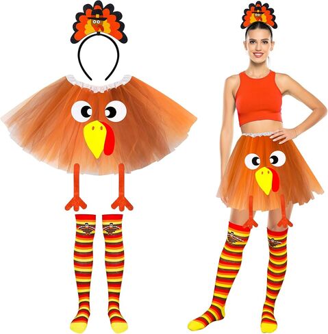 QZYL Thanksgiving Outfit Women, Turkey Trot Costume, Turkey Tutu Dress Headband Socks, Thanksgiving Turkey Cosplay for Adult in Saudi Arabia