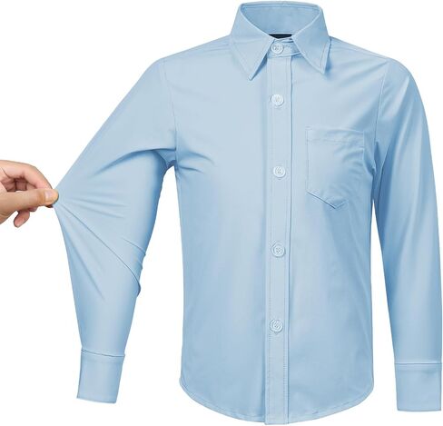 2T-16Y Boys' Stretch Long Sleeve Button Down Toddler Dress Shirt Wrinkle Free Oxford Uniform Shirt with Chest Pocket in Kuwait