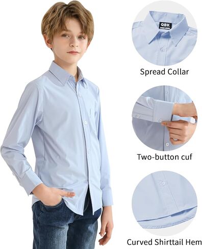 2T-16Y Boys' Stretch Long Sleeve Button Down Toddler Dress Shirt Wrinkle Free Oxford Uniform Shirt with Chest Pocket in Kuwait