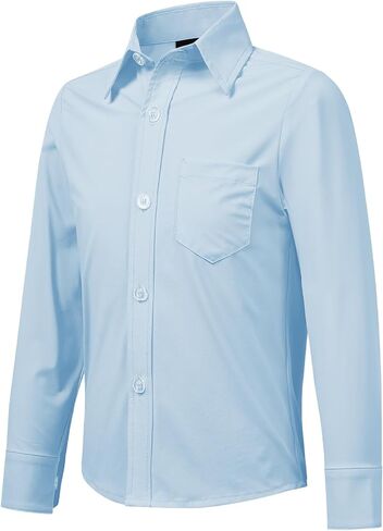 2T-16Y Boys' Stretch Long Sleeve Button Down Toddler Dress Shirt Wrinkle Free Oxford Uniform Shirt with Chest Pocket in Kuwait