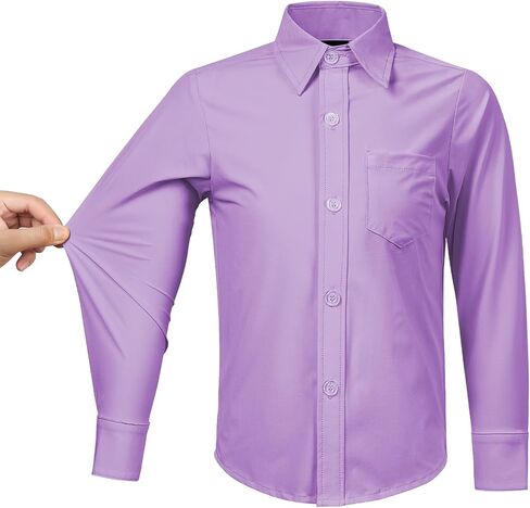 2T-16Y Boys' Stretch Long Sleeve Button Down Toddler Dress Shirt Wrinkle Free Oxford Uniform Shirt with Chest Pocket in Kuwait