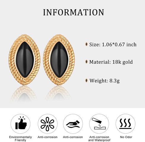 Retro Black Gold Earrings for Women, Trendy Vintage Stud 18K Gold Statement Black Onyx Earring Jewelry in Saudi Arabia