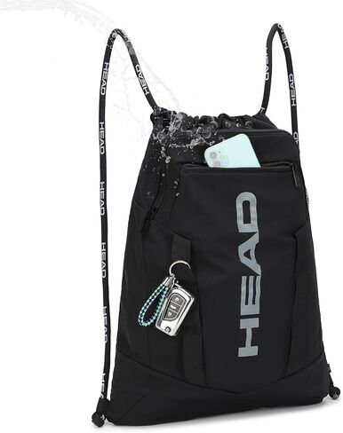 HEAD Waterproof Drawstring Backpack for Sport Gym with 2 Zipper Pockets, Large Draw String Backpacks for Women & Men, Lightweight Sackpack for Travel/Basketball/Beach/Swim/Football, Black in Saudi Arabia