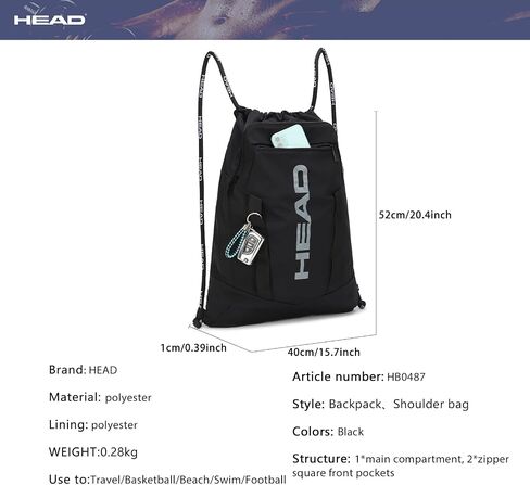 HEAD Waterproof Drawstring Backpack for Sport Gym with 2 Zipper Pockets, Large Draw String Backpacks for Women & Men, Lightweight Sackpack for Travel/Basketball/Beach/Swim/Football, Black in Saudi Arabia