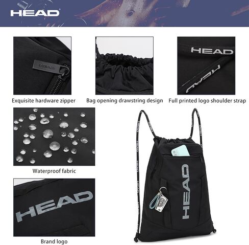 HEAD Waterproof Drawstring Backpack for Sport Gym with 2 Zipper Pockets, Large Draw String Backpacks for Women & Men, Lightweight Sackpack for Travel/Basketball/Beach/Swim/Football, Black in Saudi Arabia