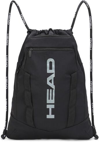 HEAD Waterproof Drawstring Backpack for Sport Gym with 2 Zipper Pockets, Large Draw String Backpacks for Women & Men, Lightweight Sackpack for Travel/Basketball/Beach/Swim/Football, Black in Saudi Arabia
