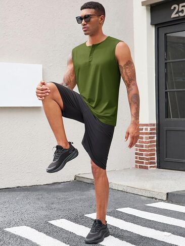 Runcati Men's Workout Tank Tops Sleeveless Muscle Gym Slim Fit Henley Shirt Casual Basic Summer Beach Tops in Kuwait