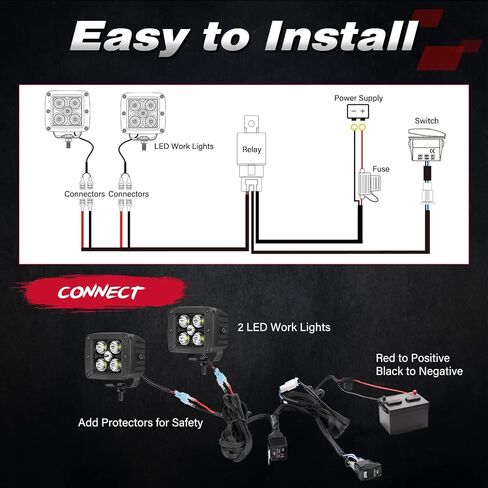 OFFROADTOWN LED Light Bar Wiring Harness 1 Lead 16.4FT Nylon Wiring Harness Kit for Driving Lights Work Light Fog Lights 12V 40A Relay Fuse Rocker Switch Wire Kit for Offroad Jeep Truck UTV ATV Boat in Kuwait