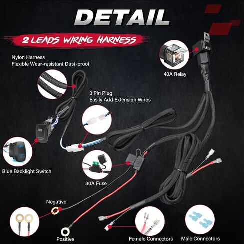 OFFROADTOWN LED Light Bar Wiring Harness 1 Lead 16.4FT Nylon Wiring Harness Kit for Driving Lights Work Light Fog Lights 12V 40A Relay Fuse Rocker Switch Wire Kit for Offroad Jeep Truck UTV ATV Boat in Kuwait