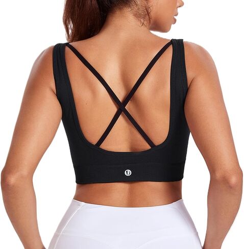 Women Padded Longline Yoga Sports Bra,Sexy V-Neck Strappy Criss Cross Back Seamless Wireless Bralette Workout Top in Saudi Arabia