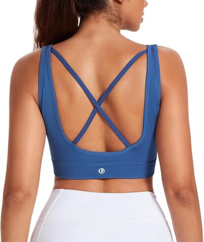Women Padded Longline Yoga Sports Bra,Sexy V-Neck Strappy Criss Cross Back Seamless Wireless Bralette Workout Top in Saudi Arabia