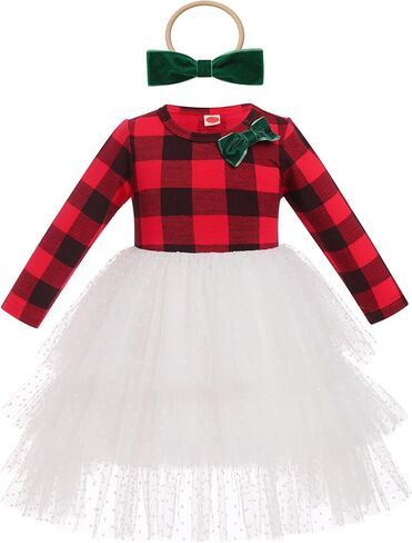 Toddler Girls Christmas Plaid Tutu Dress with Headband Winter Long Sleeve Xmas Holiday Princess Dresses Photo Shoot in Saudi Arabia
