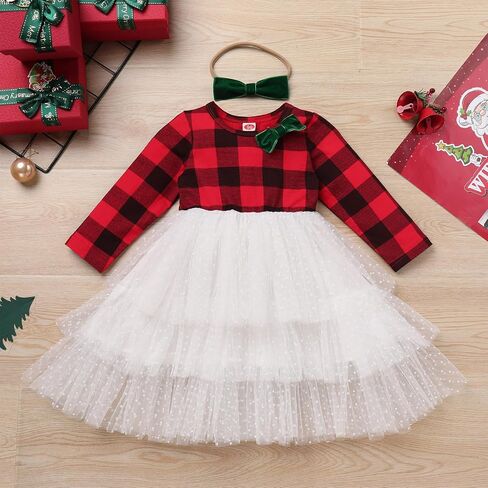 Toddler Girls Christmas Plaid Tutu Dress with Headband Winter Long Sleeve Xmas Holiday Princess Dresses Photo Shoot in Saudi Arabia