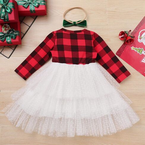 Toddler Girls Christmas Plaid Tutu Dress with Headband Winter Long Sleeve Xmas Holiday Princess Dresses Photo Shoot in Saudi Arabia