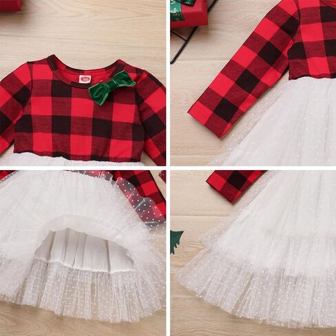 Toddler Girls Christmas Plaid Tutu Dress with Headband Winter Long Sleeve Xmas Holiday Princess Dresses Photo Shoot in Saudi Arabia