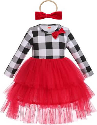Toddler Girls Christmas Plaid Tutu Dress with Headband Winter Long Sleeve Xmas Holiday Princess Dresses Photo Shoot in Saudi Arabia