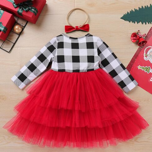 Toddler Girls Christmas Plaid Tutu Dress with Headband Winter Long Sleeve Xmas Holiday Princess Dresses Photo Shoot in Saudi Arabia