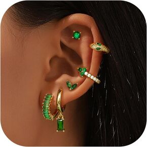 ZELORES 14K Gold Hoop Earrings for Women 6 Pairs Emerald Green Earrings Dainty Small Hoop Earrings Stud Earrings Sets for Multiple Piercing