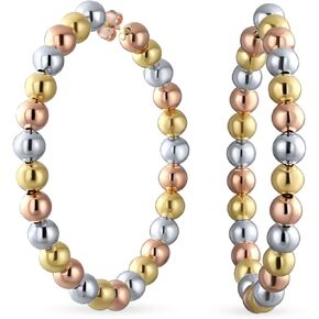 Large Tri Color Bead Round Fashion Statement Three Tone Big Hoop Earrings for Women Teen Piercing 18K Yellow White Rose Gold Plated High Polished Latch Back Closure 2.2 Inch Diameter