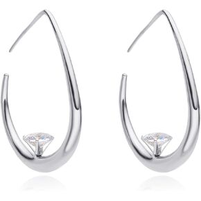 Stainless Steel Teardrop CZ Hoop Earrings for Women,14k Gold Plated Large Oval Pull Through Waterdrop Hoop Earrings Lightweight