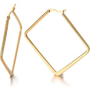 Pair Stainless Steel Large Plain Square Huggie Hinged Hoop Earrings for Women Girls