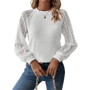 Floerns Women's Contrast Lace Raglan Long Sleeve Casual Knitted Blouse Top