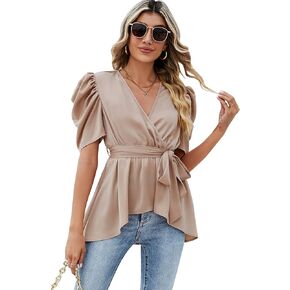 KOJOOIN Women's Peplum Tops V Neck Ruffle Short Sleeve Belted Tie Chiffon Blouses Dressy Casual Wrap Tops
