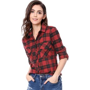 Allegra K Women's Roll Up Long Sleeve Christmas Button Down Plaid Flannel Shirt Top