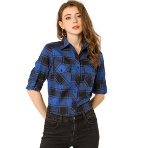Allegra K Women's Roll Up Long Sleeve Christmas Button Down Plaid Flannel Shirt Top