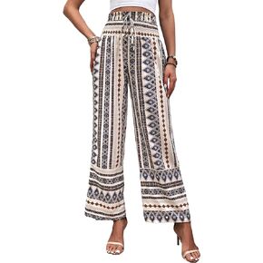 SweatyRocks Women's Allover Geo Print Wide Leg Pants Drawstring Waist Ruffle Hem Trousers