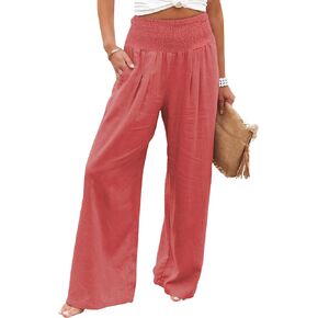 CHARTOU Women's Lightweight Smocked High Waist Straight Leg Cotton Linen Palazzo Beach Pants