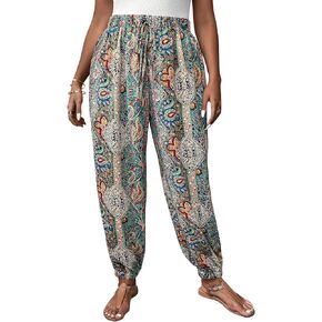 SweatyRocks Women's Plus Size Allover Paisley Print Boho Pants High Elastic Waist Paisley Vacation Tapered Trousers