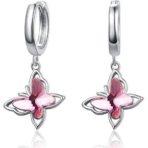Butterfly Dangle Small Hoop Earrings for Women Girls 925 Sterling Silver Pink Crystal Butterflys Huggie Earrings Birthday Party Jewelry Gifts