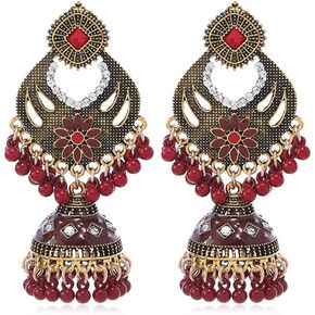 Golden Jhumka Tassel Drop Earrings for Women Girls Beads CZ Jhumki Ethnic Indian Dangle Stud Earring Bollywood Traditional Bohemian Ear Jewelry
