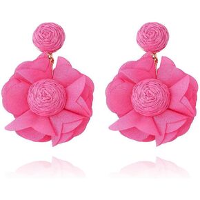 XYAYOU Boho Rattan Lafite Woven Flower Fabric Statement Drop Dangle Earrings For Women Girls Holiday Jewelry