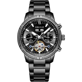 OBLVLO Fashion Business Classic Mechanical Watch Three Window Gentleman Watch Stainless Steel Skeleton Waterproof Watch CM-T