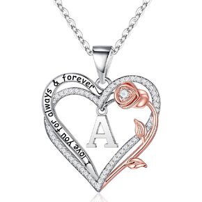 Memorjew Valentines Day Gifts for Her - 925 Sterling Silver Rose Heart Initial Letter Heart Pendant Necklace Birthday Anniversary Valentines Day Gifts for Women Mom Wife Girlfriend Her