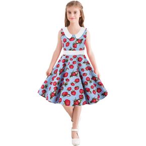 3-12Y Vintage Polka Dot Swing Girls Dresses Audrey Print Sleeveless Dress with Peter Pan Collar