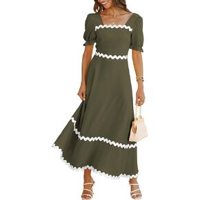 BTFBM Women's Summer Dresses 2024 Square Neck Short Puff Sleeve Smocked Tie Back Beach Vacation Flowy Long Maxi Dress