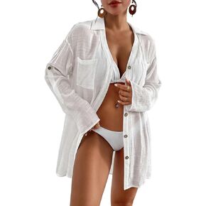 Eddoyee Swimsuit Coverup for Women,Button Down Bathing Suit Cover Up Bikini Beachwear Dress Shirt with Pockets