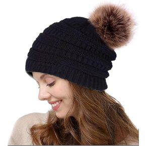 Beanie Women Winter Hat with Pompom Warm Double Layer Soft Knit Beanie Hat Thick