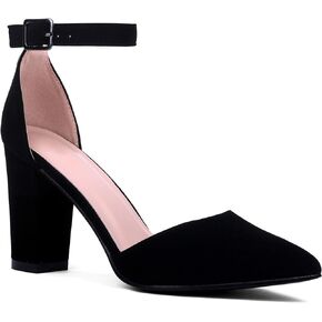 J.STIEN Women Ankle Strap D'orsay Pointed Toe Block Heel Pump