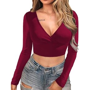 HOTOUCH Long Sleeve Crop Top for Women Sexy Wrap Shirt Basic Going Out T-Shirt Casual V Neck Mesh Sleeve Top