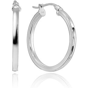 Sterling Silver High Polished Square-Tube Round Click-Top Hoop Earrings