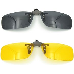 2PCS (Yellow Night Vision+Black) Sport Driving Polarized Clip-on Sunglasses Flip up Glasses Lenses Cycling Fishing Outdoor