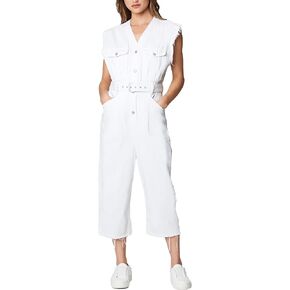 [BLANKNYC] womens Sleeveless Belted White Denim Jumpsuit, Stylish & Designer Clothing