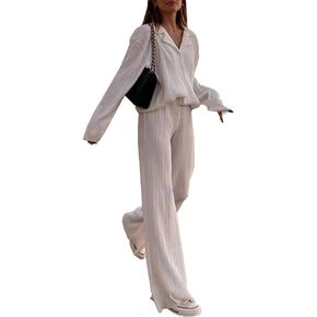 ECDAHICC Women's 2 Piece Outfits Long Sleeve Button Down Shirt Blouse High Waisted Pleated Long Pants Loungewear Streetwear